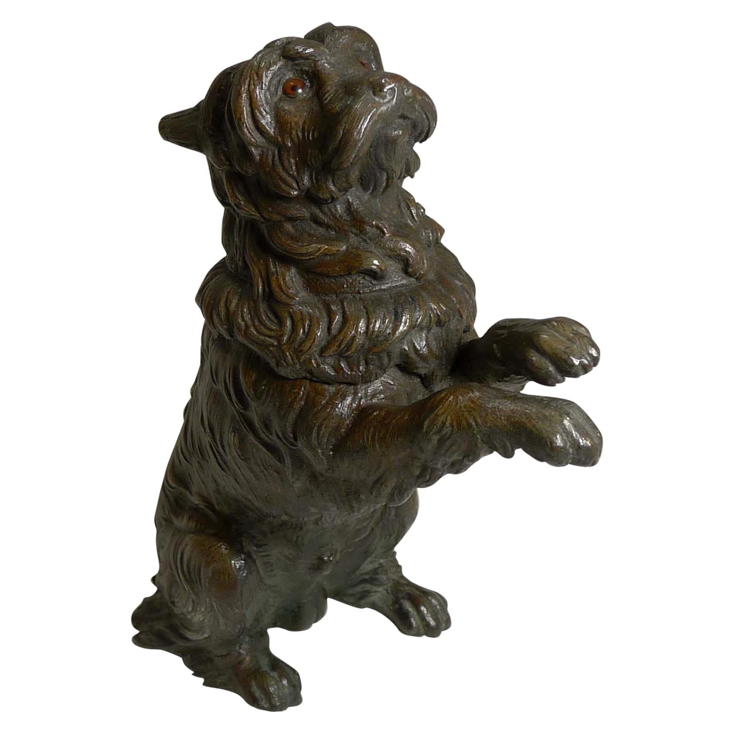 Antique English Bronze Figural Inkwell, Begging Dog with Glass Eyes, circa 1890