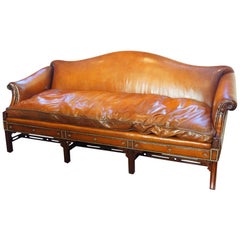English Edwardian Mahogany grade 1 leather Camel Back Sofa, circa 1920