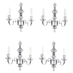 Set of 4 Baroque Style Silver Plated Twin Branch Wall Lights, 19th Century