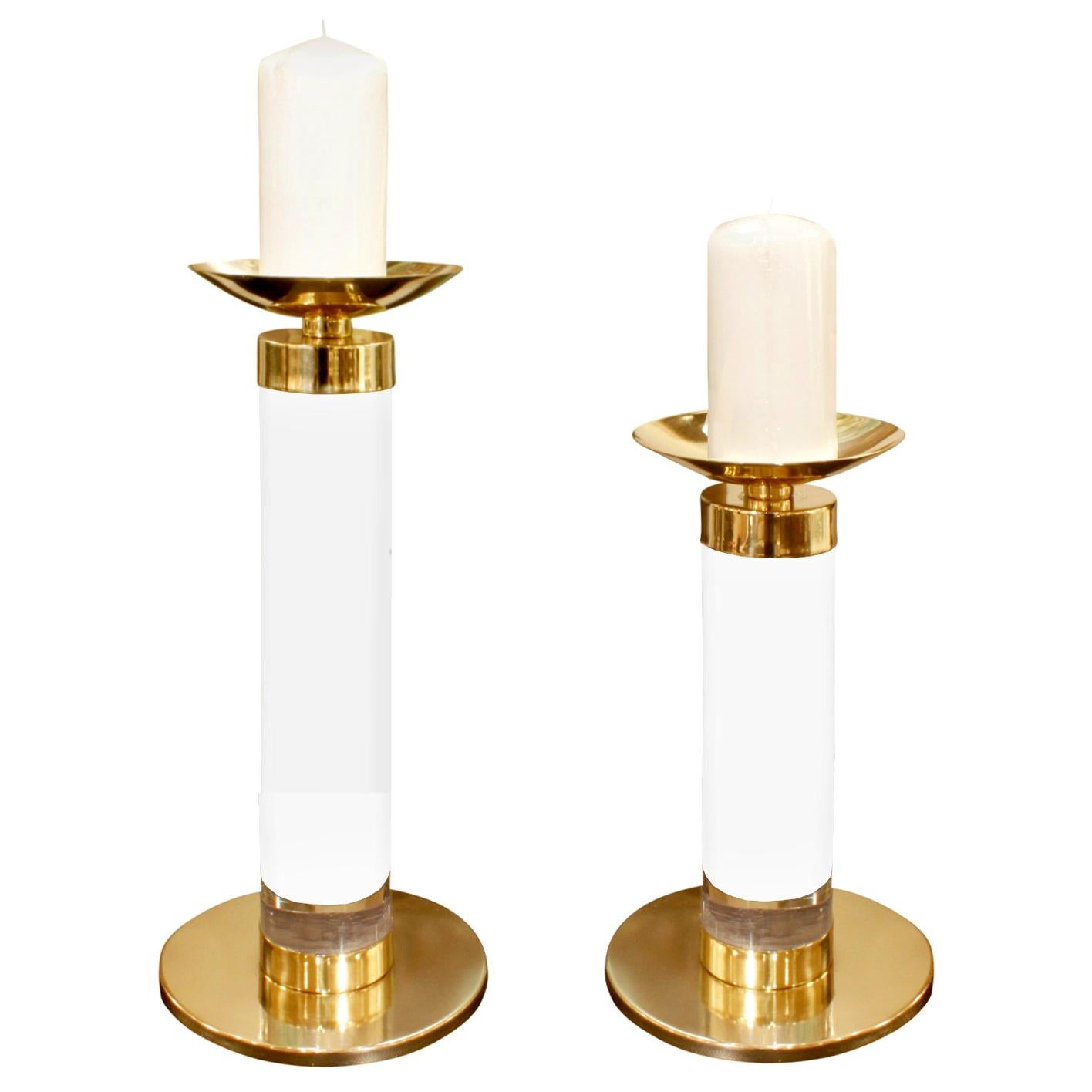 Karl Springer Pair of Candleholders in Lucite and Brass, 1970s