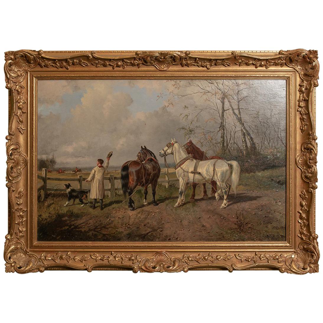 Farmer and Hunt Scene Oil on Canvas Painting by S J Clark For Sale