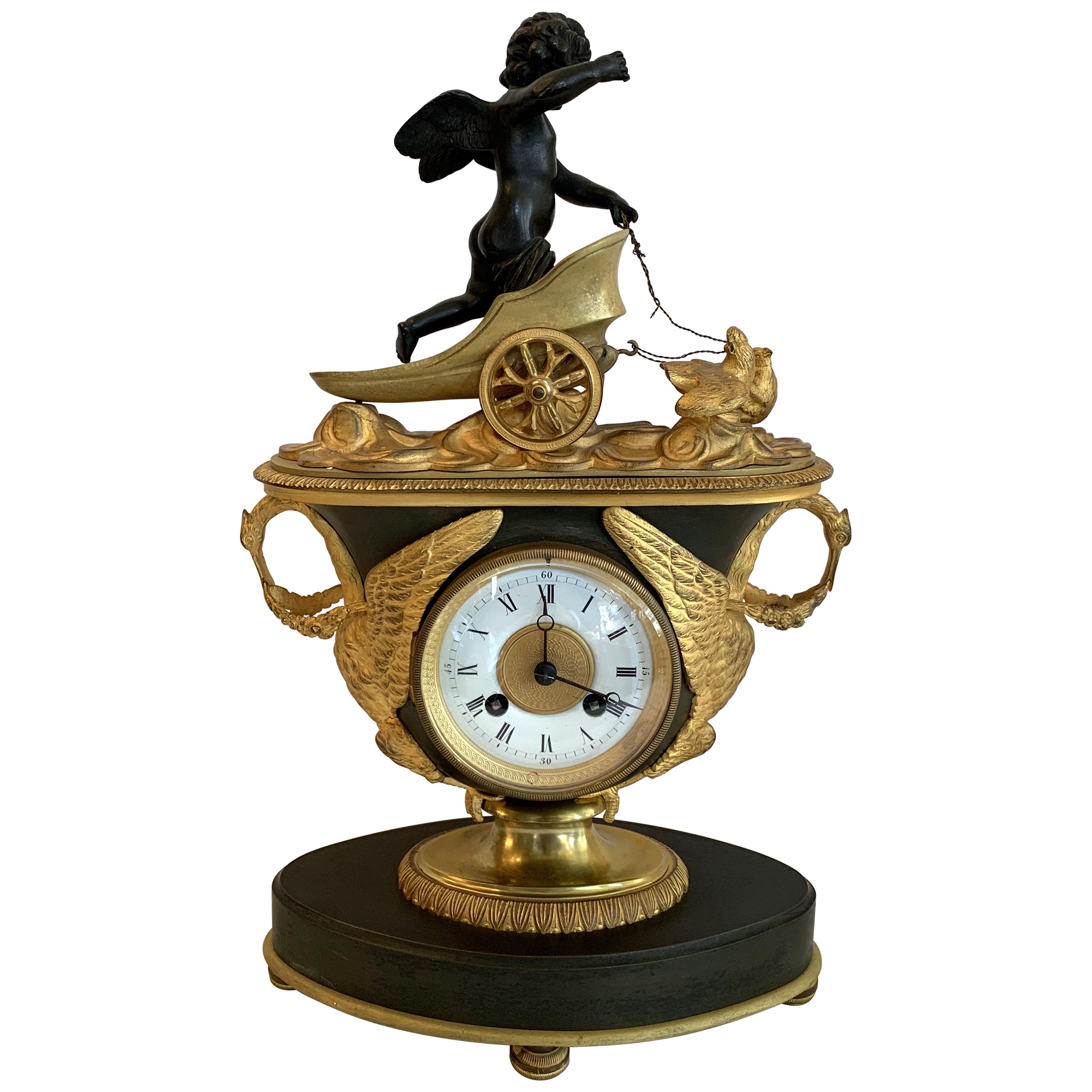Wonderful French Empire Gilt Patinated Bronze Cherub Chariot Swan Chickens Clock