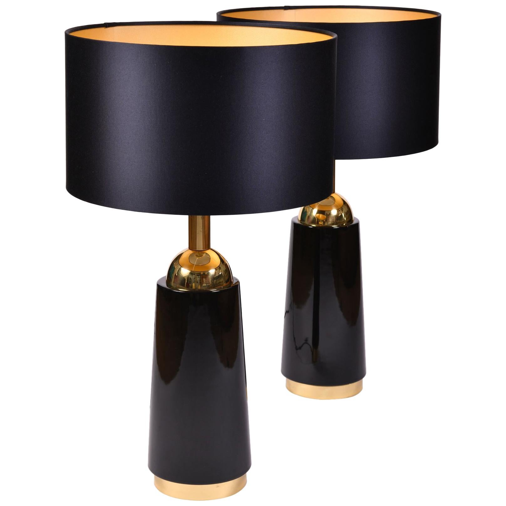 Pair of Black Glass and Brass 1960s Swedish Table Lamps by Bergboms