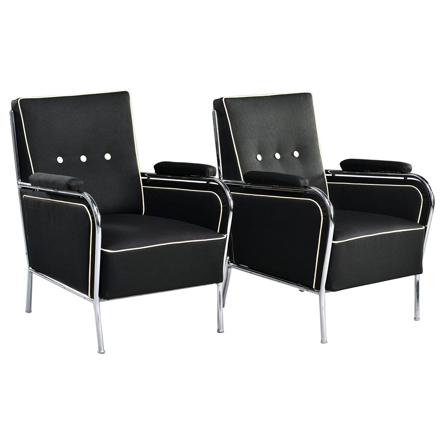  Pair French Midcentury Chrome Framed Club Chairs in Black with Ivory Detailing