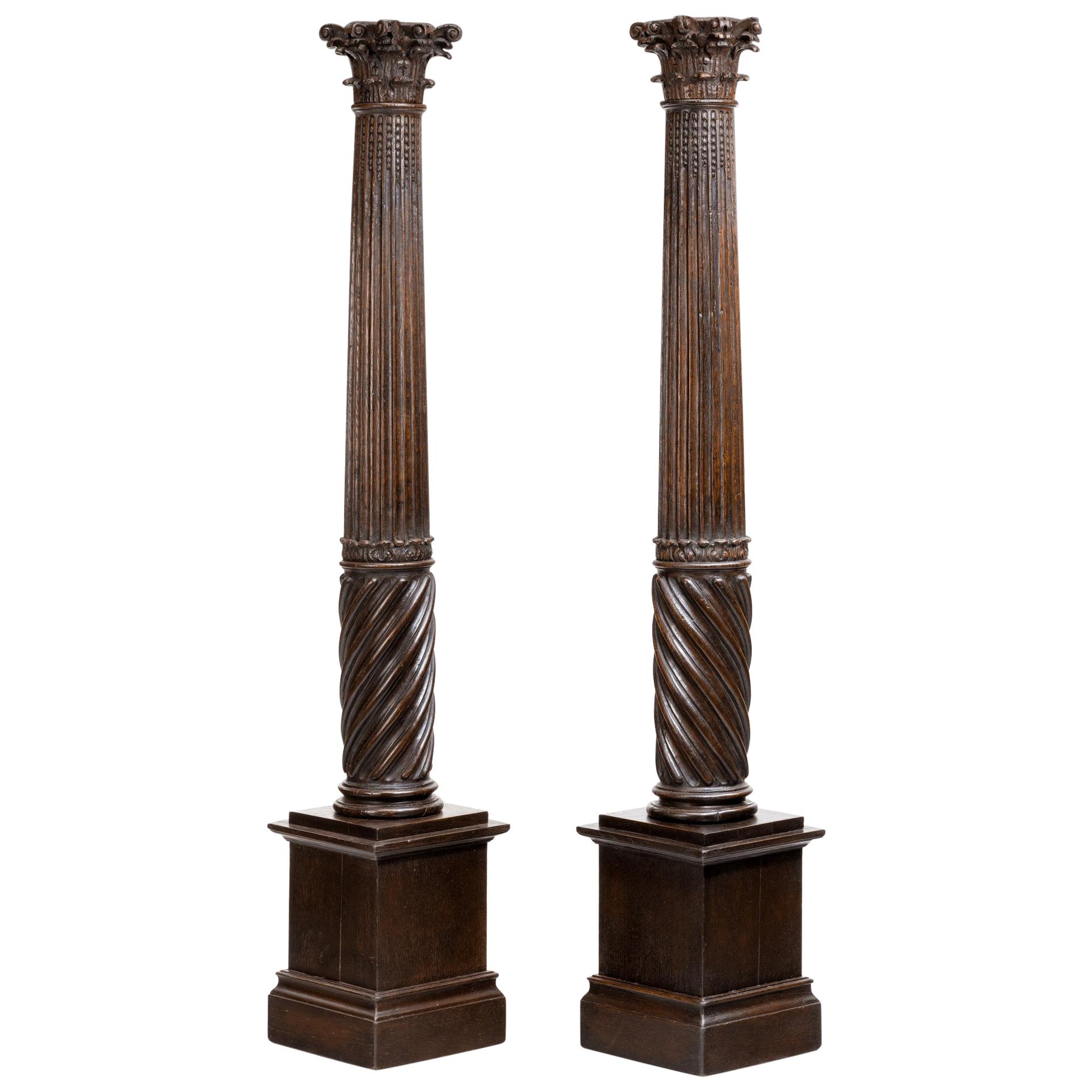 Pair of 17th Century Carved Oak Columns For Sale