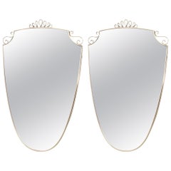 Pair of Shield Shaped Brass Wall Mirrors in the Style of Gio Ponti, Italy, 1940s