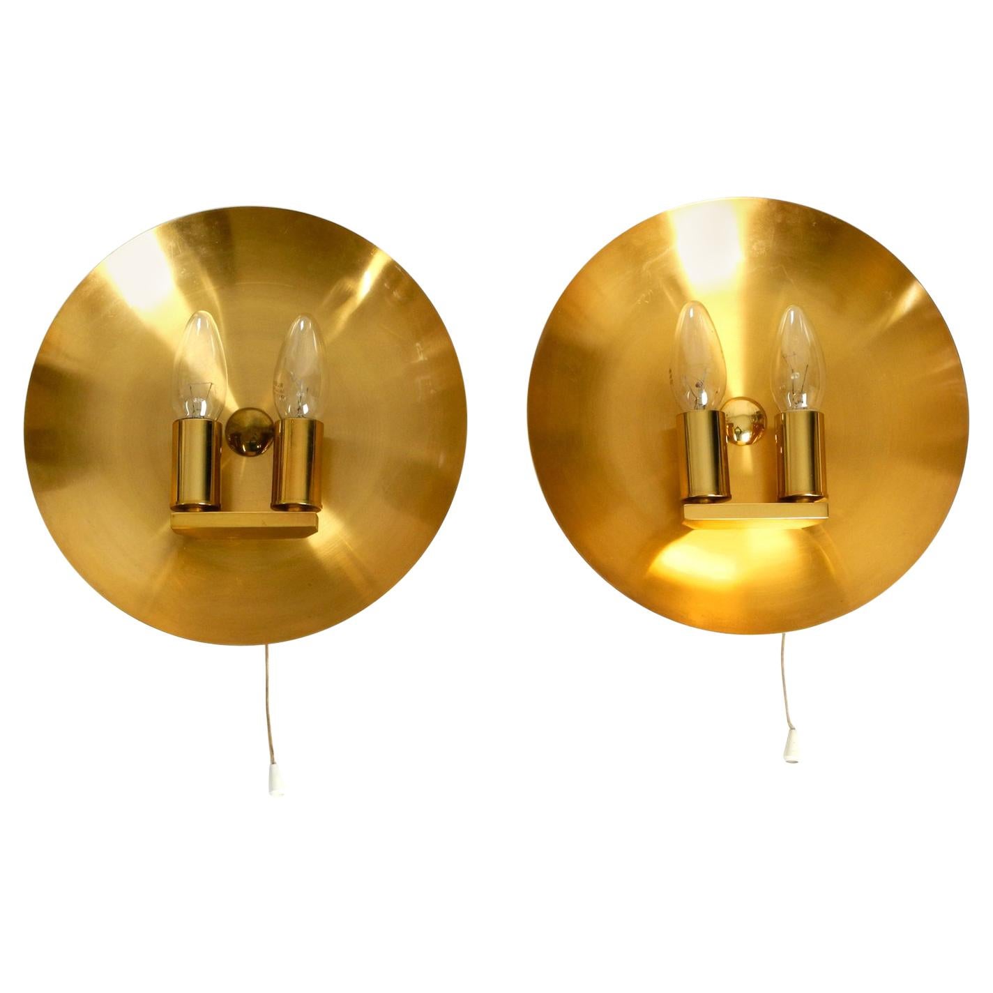 Pair of Very Rare and High Quality 1970s Round Brass Wall Lamps, Sconces by WKR