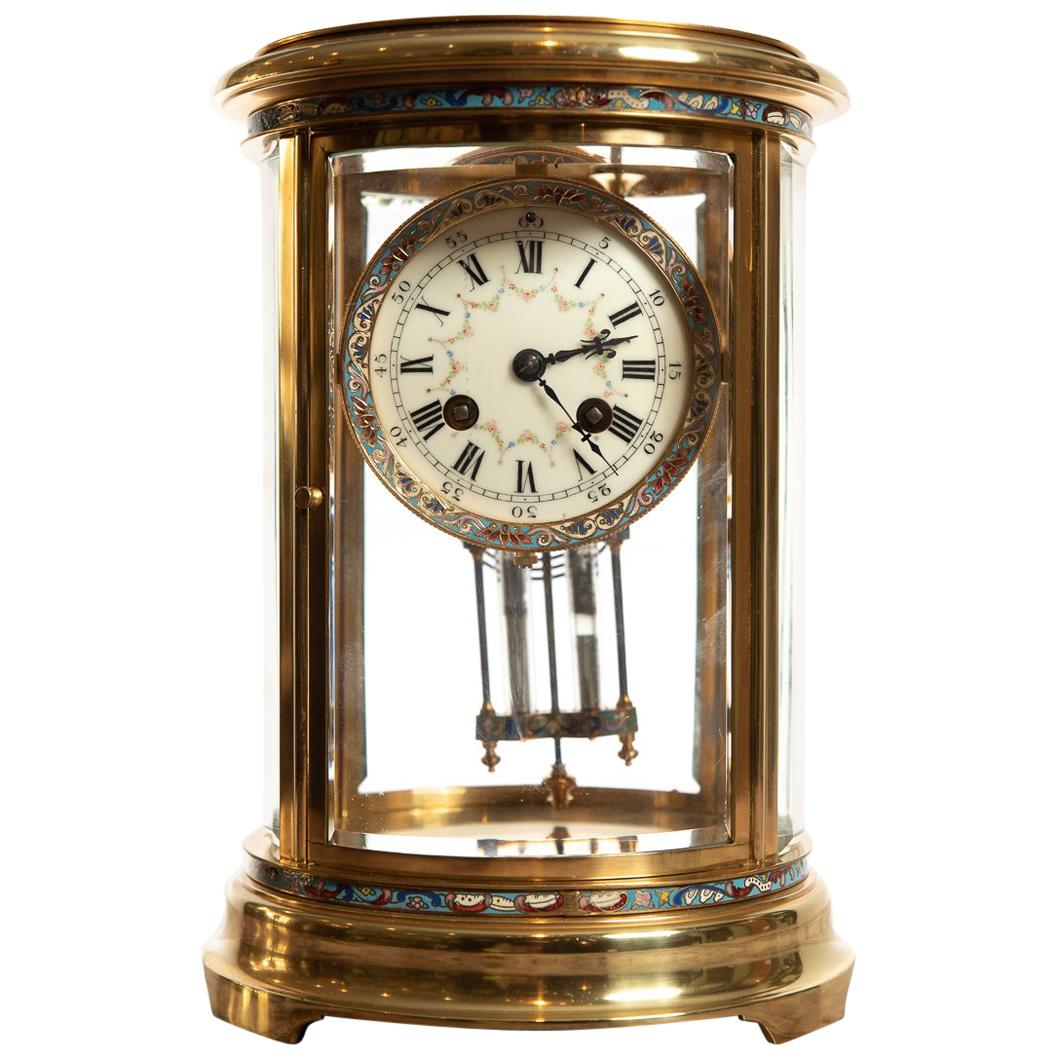 Oval Four Glass Clock in Brass and Champléve by S Marti For Sale