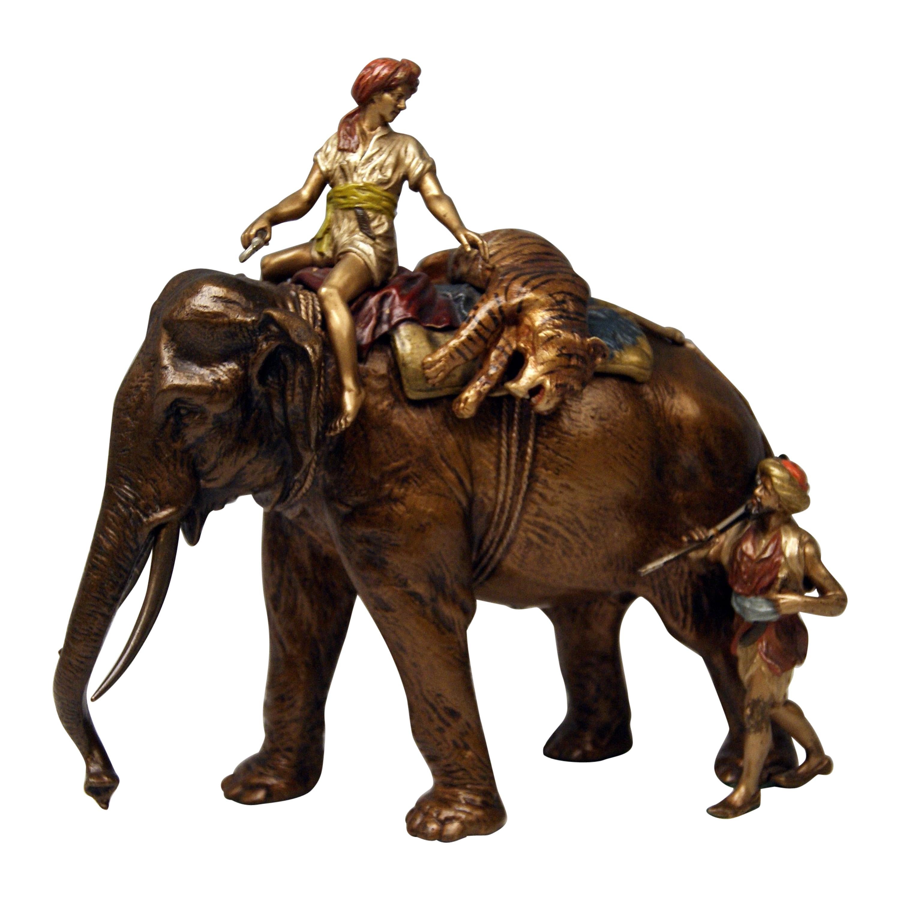 Vienna Bergman Bronze Big Game Hunters with Elephant and Tiger Vintage, 1890