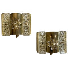 Mid-Century Modern Petite Pair of Vitrika Brass Glass Panel Crystal Star Sconces