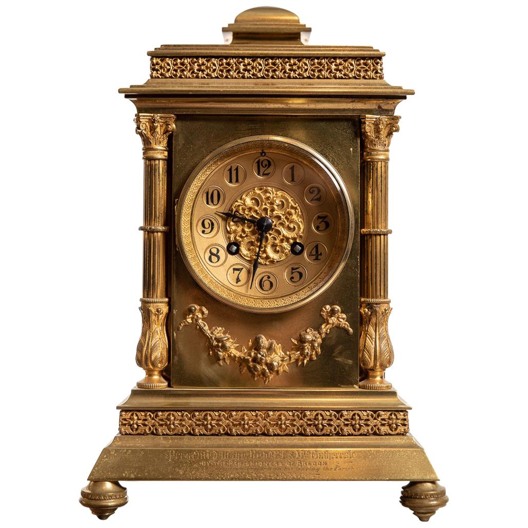 French Brass 8 Day Mantel Clock by Vincent & Cie, circa 1860 For Sale