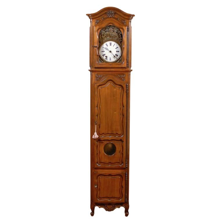 French 19th Century Cherry Longcase Clock, Louis XV Style For Sale at