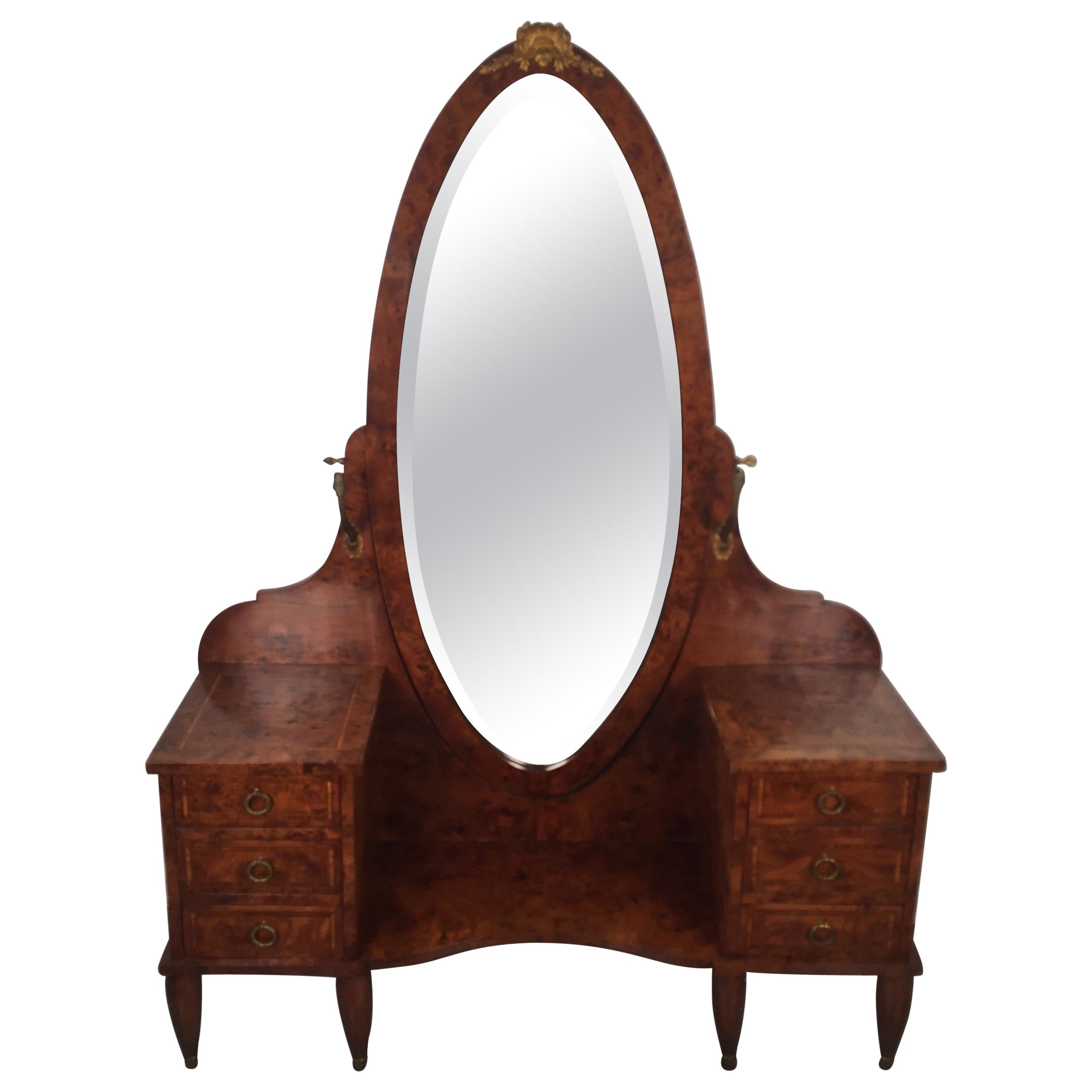 French Burled Walnut Vanity with Mirror
