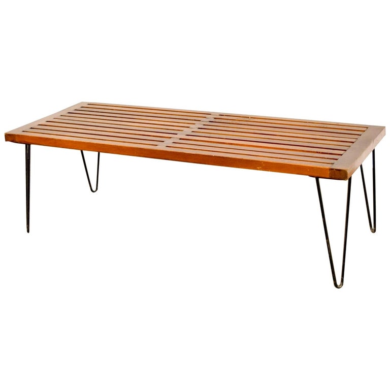 Midcentury Nelson Style Walnut Wood Slat Bench With Hairpin Legs