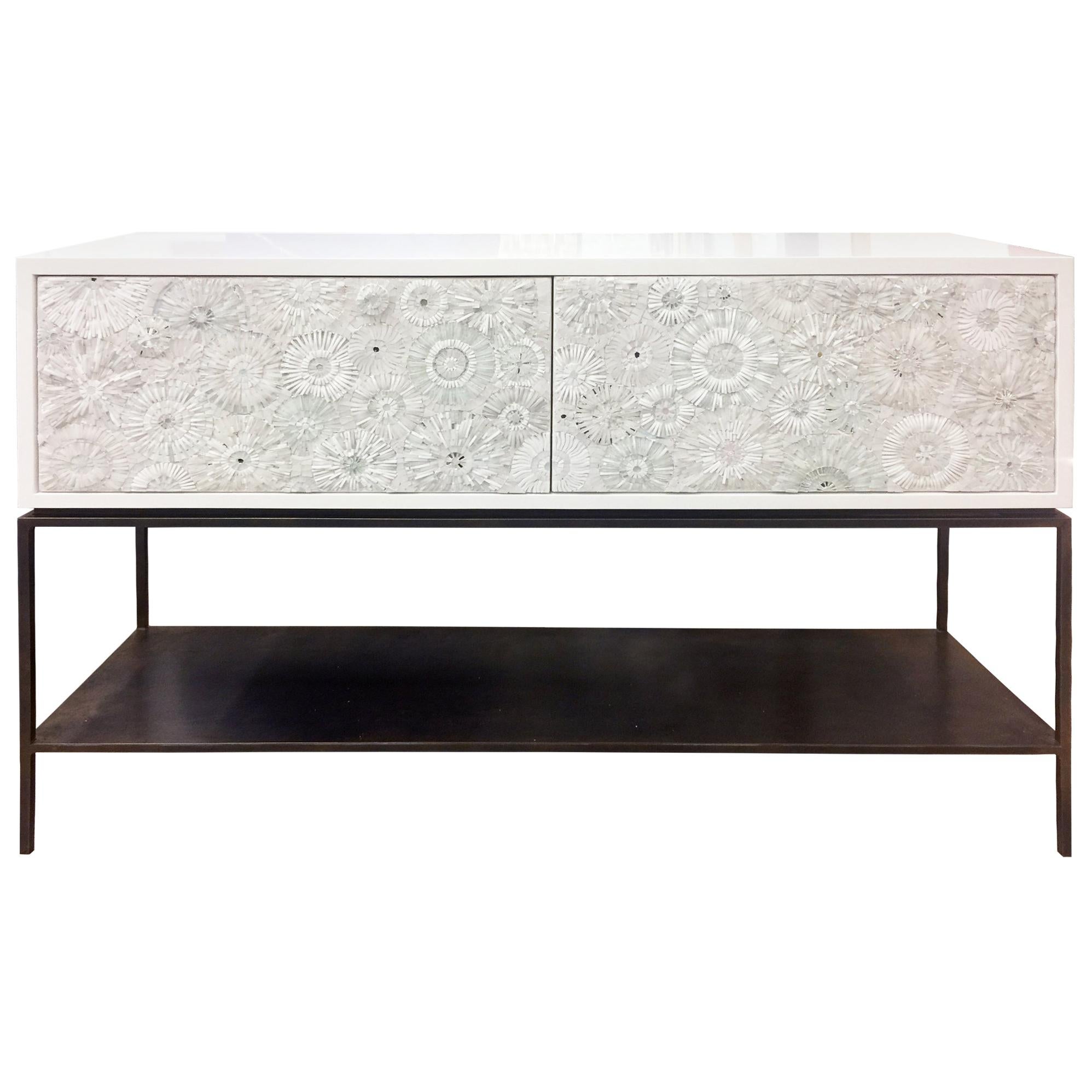 Modern White Blossom Glass Mosaic Buffet with Metal Shelf Base by Ercole Home