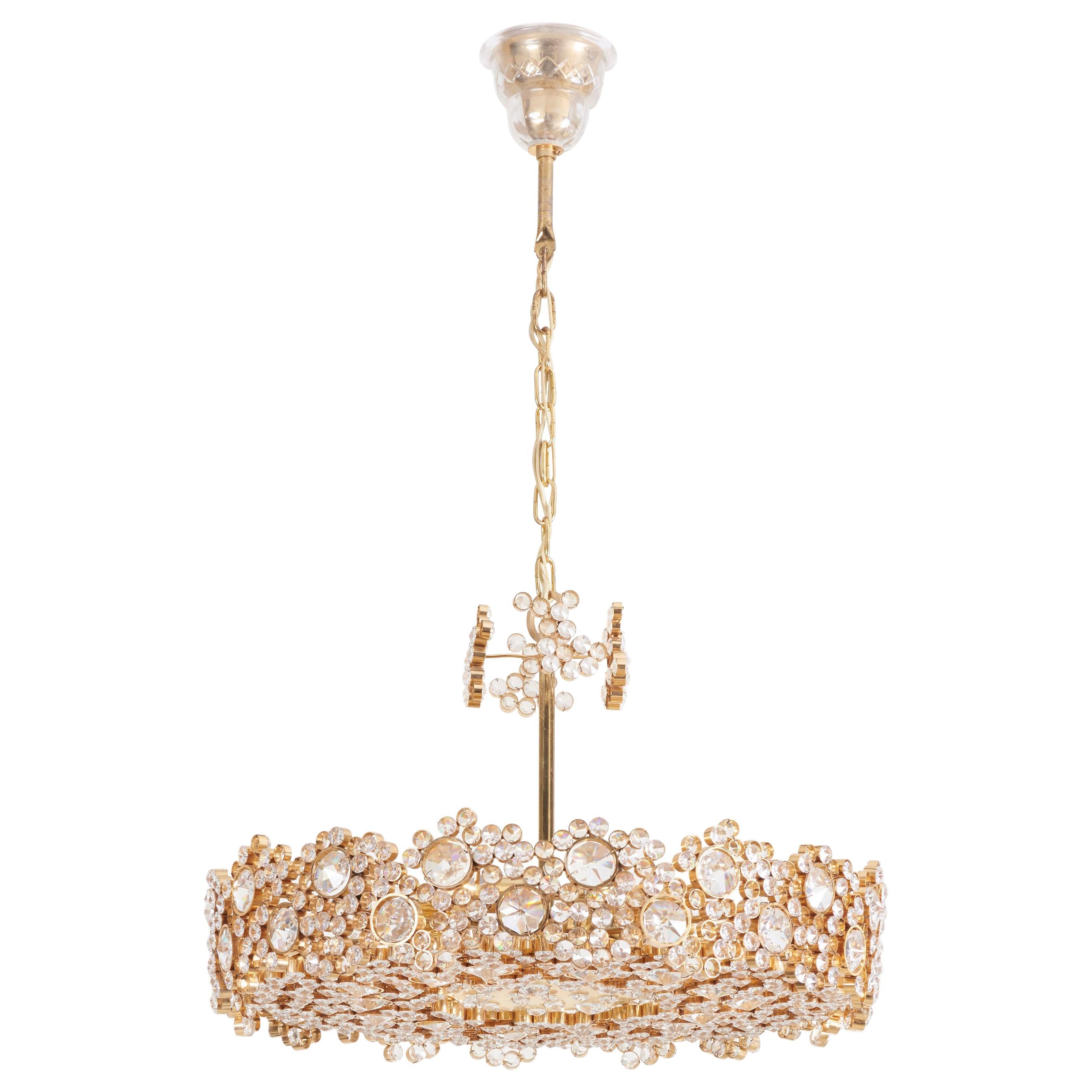 One of Seven Palwa Brass and Crystal Glass Encrusted Chandeliers, Model S101 For Sale