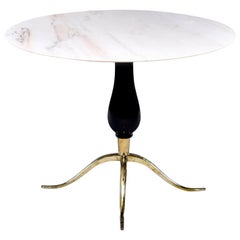 Italian Marble-Top Center Table with Walnut Support and Brass Footed Base