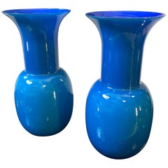 Pair of Aureliano Toso Vintage Blue Murano Glass Vases, 2000