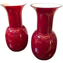 Aureliano Toso Set of Two Red and White Opaline Murano Vases, 2000