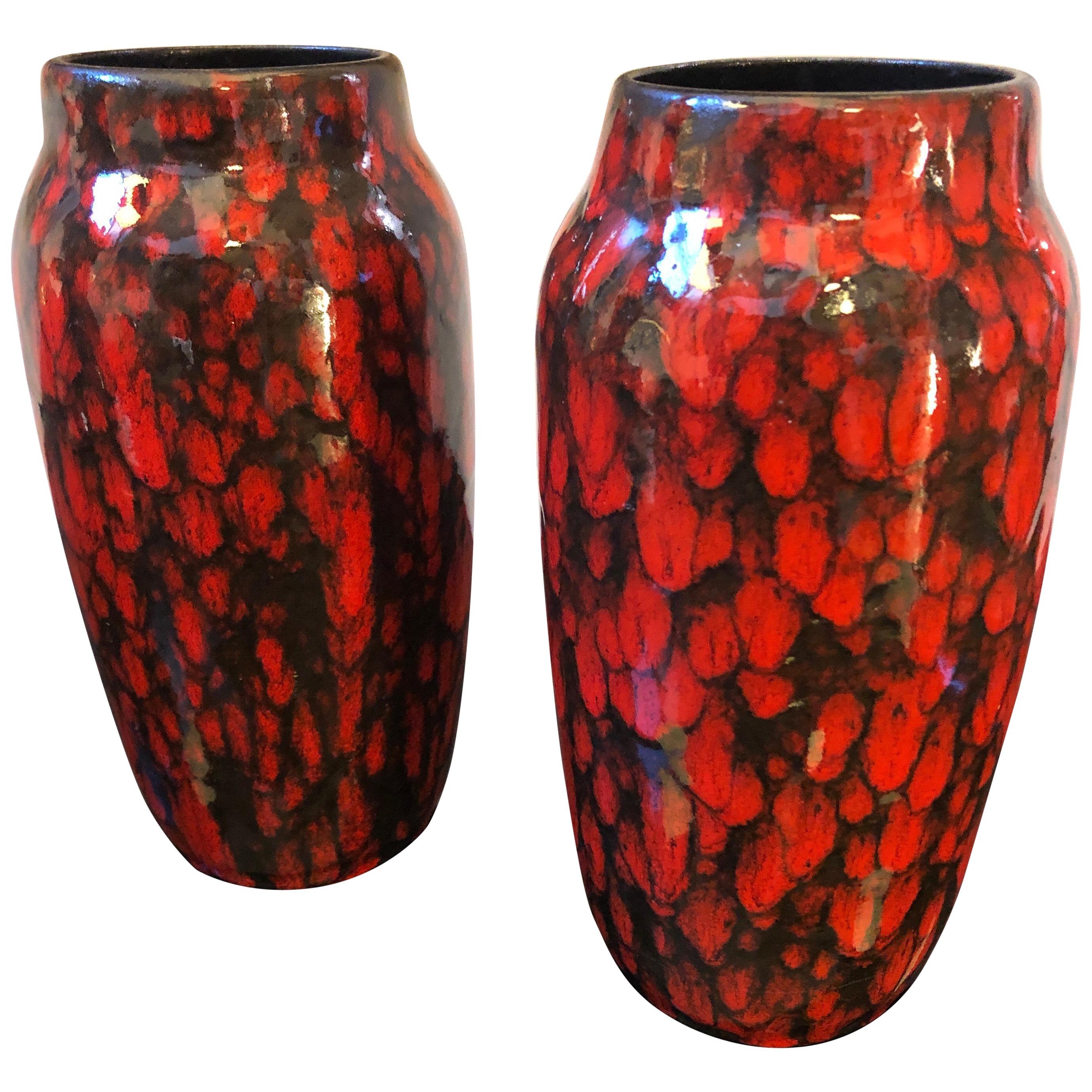 Set of Two Red and Black Lava Keramik German Vases, circa 1970