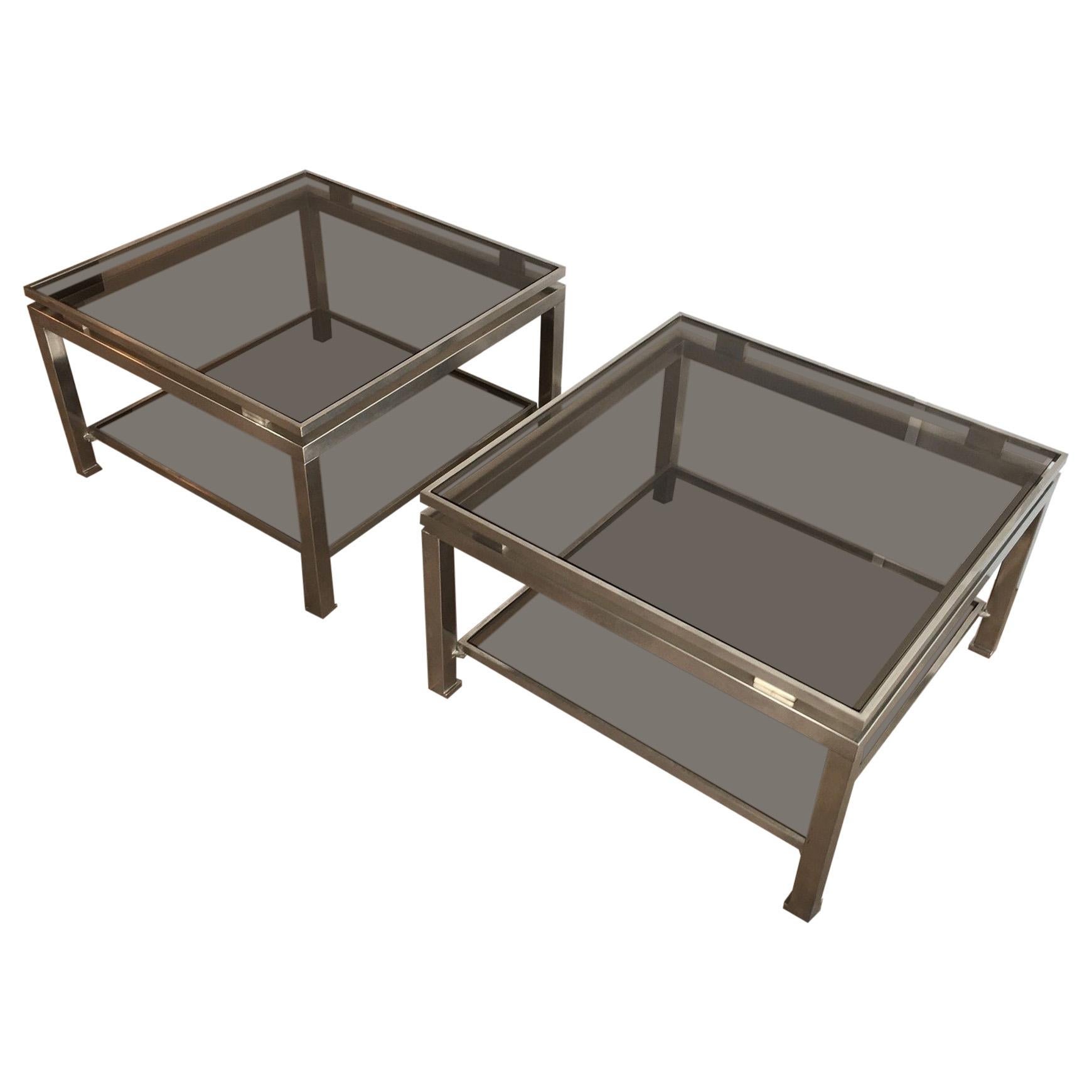 Pair of Brushed Steel Side Tables with Smoked Glass by Guy Lefèvre