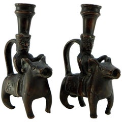 Iran 18th-19th Century, Pair of Bronze Candlesticks Characters on Rams