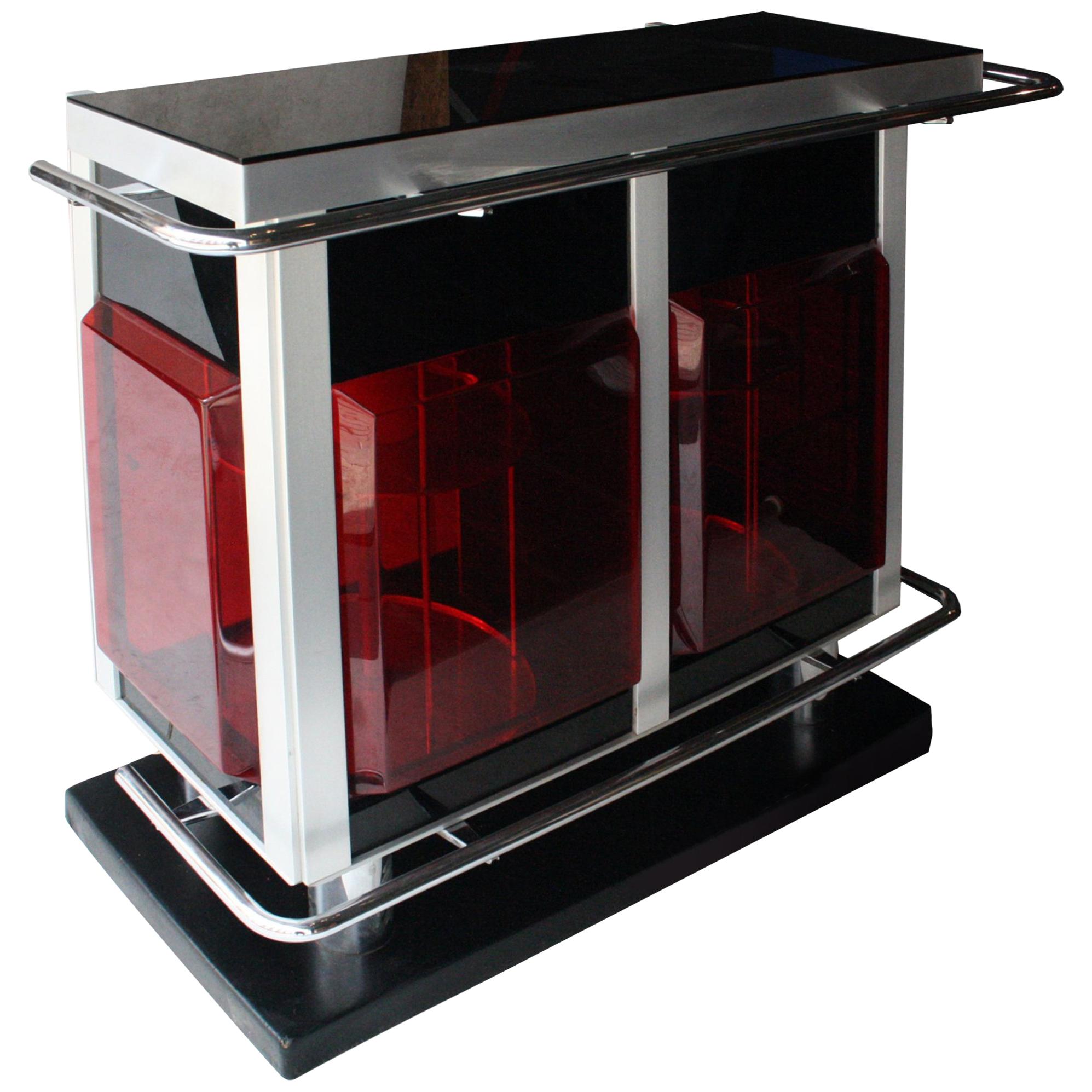 Midcentury Modern Rectangular Red Perplex Metal Chrome Italian Bar Cabinet, 1970