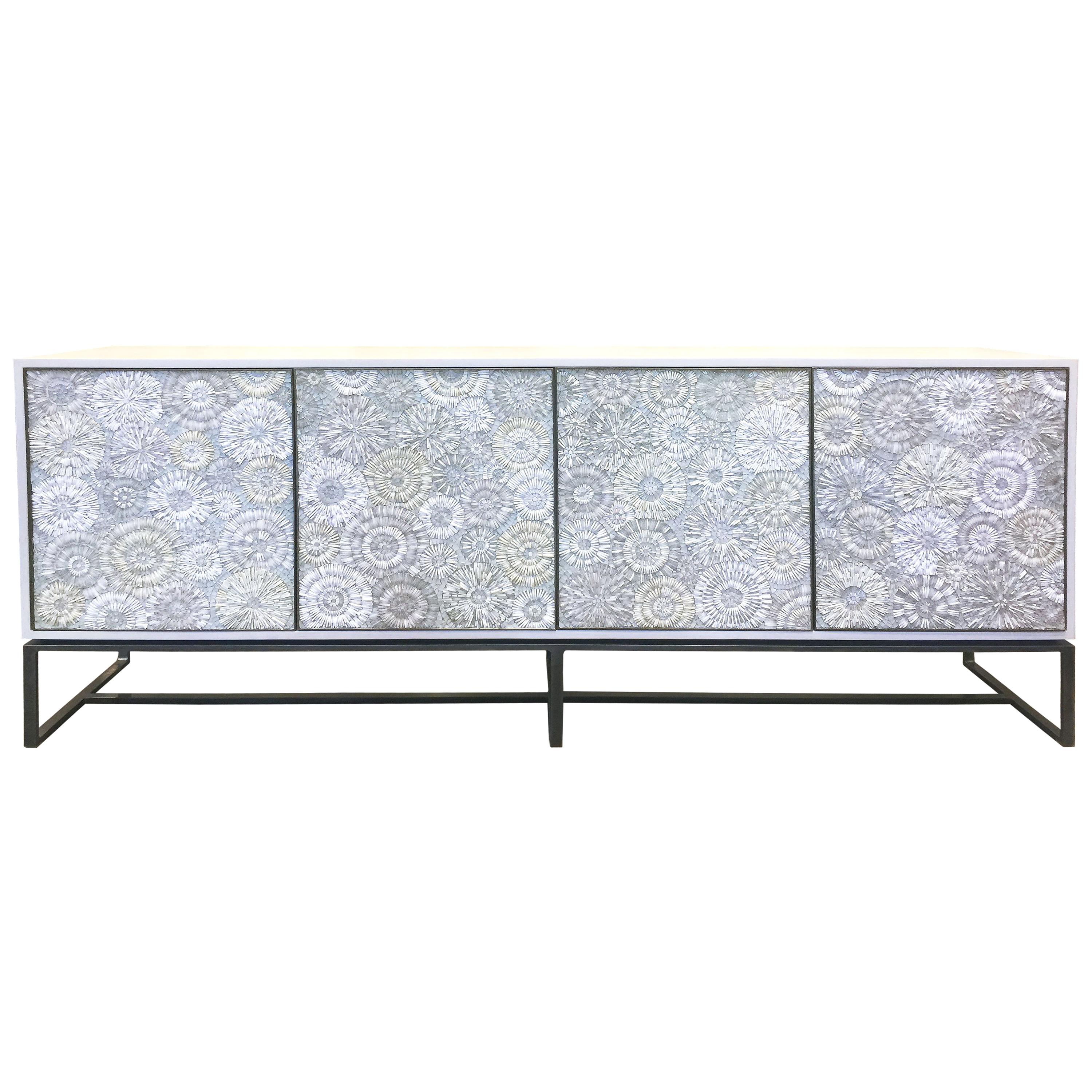Modern White Blossom Mosaic Serving Buffet with Forged Metal Base by Ercole Home