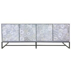 Customizable White Blossom Glass Mosaic Buffet with Metal Base by Ercole Home