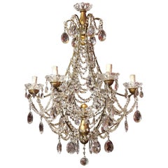 19th Century Italian Cut Crystal Beaded Gilt Iron Bird Cage Structure Chandelier