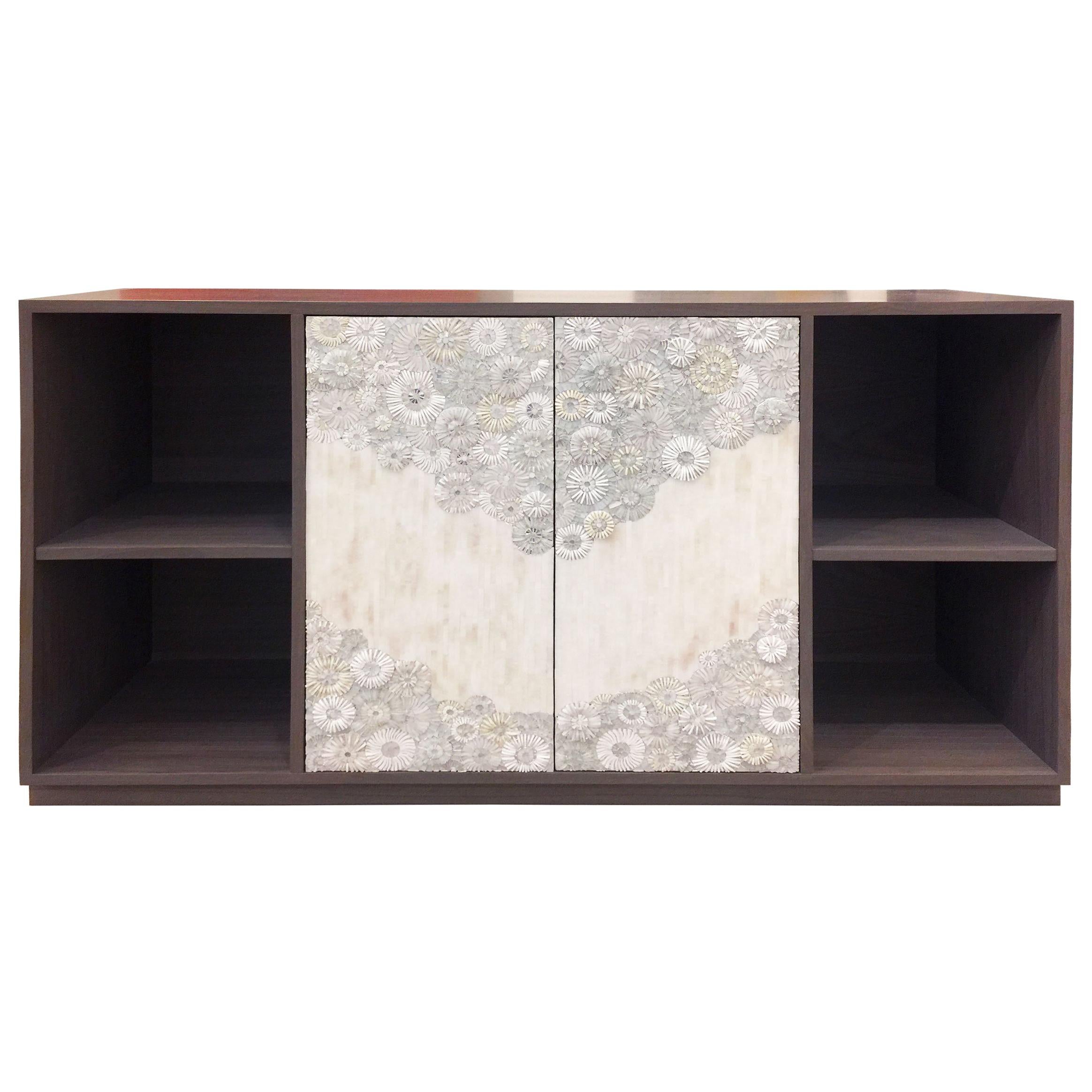 Modern Blossom Glass Credenza with Black Walnut and Platform Base by Ercole Home For Sale
