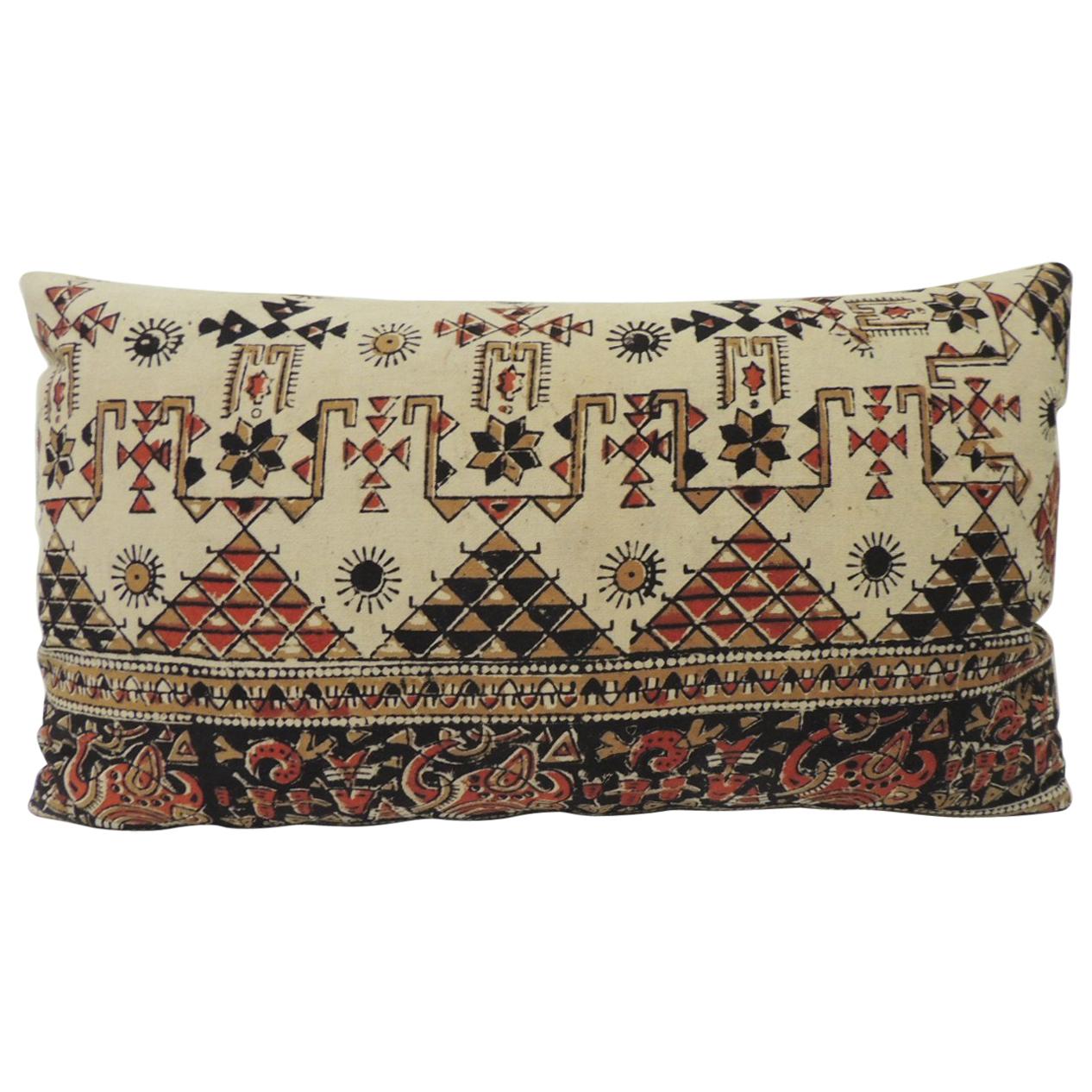 Vintage Persian Hand-Blocked Kalamkari Lumbar Decorative Throw Pillow