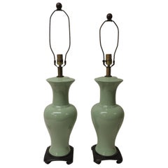 Pair of Vintage Celadon Porcelain Table Lamps