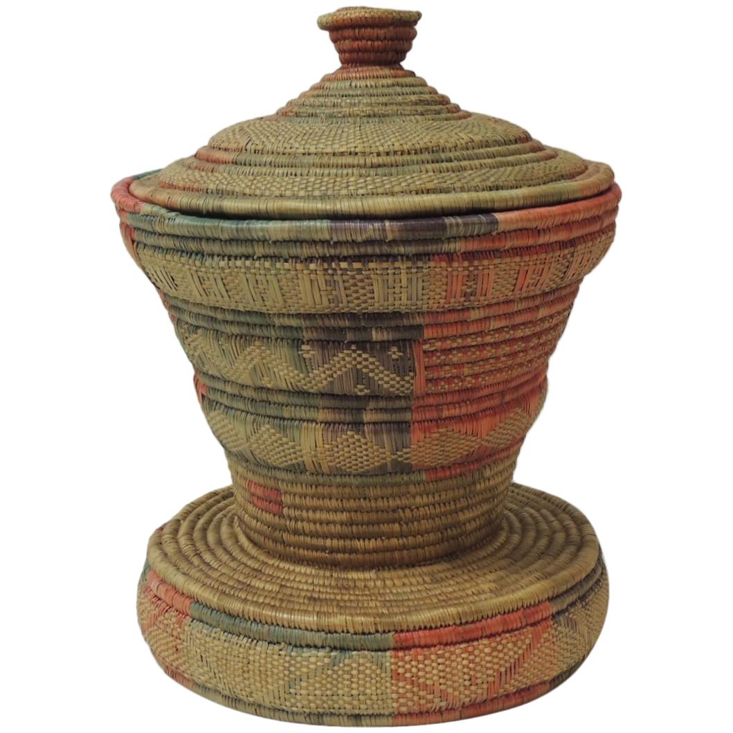 Vintage Colorful African Round Basket with Lid at 1stDibs round