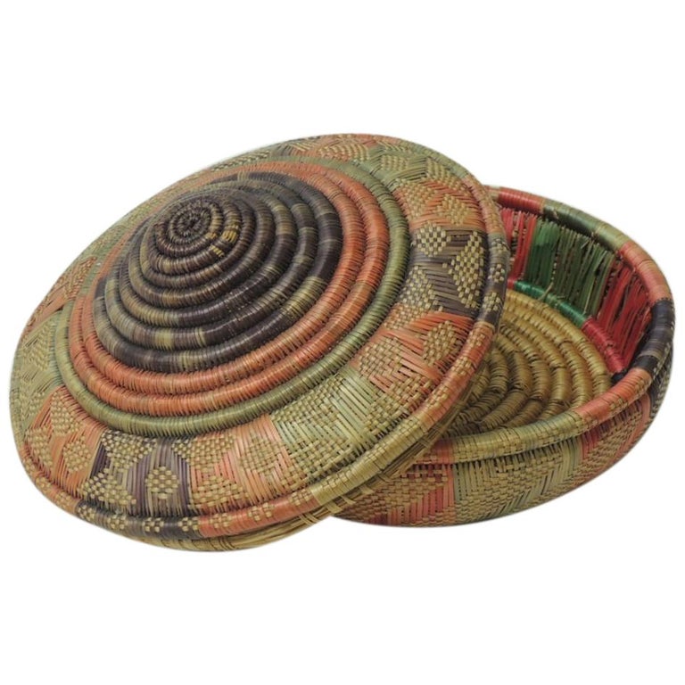 Vintage Colorful Round Lidded African Basket at 1stdibs