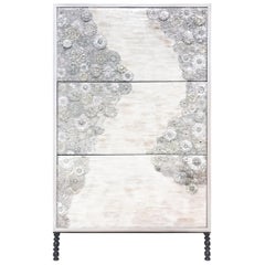 Modern White Blossom Glass Mosaic Tall Chest with Metal Base by Ercole Home