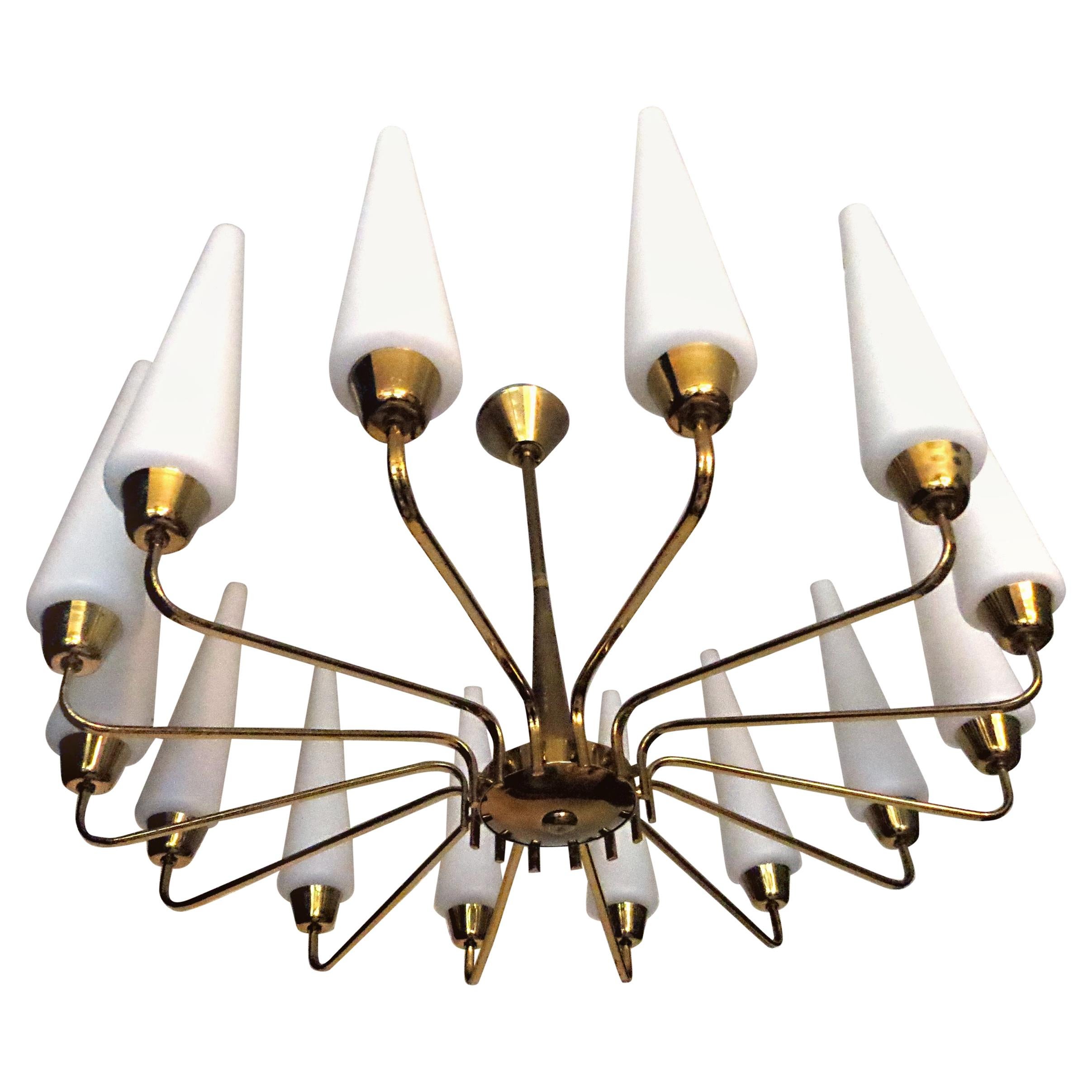 X-Large French Mid-Century Sunburst Chandelier with 14 White Satin Glasses 1950s For Sale