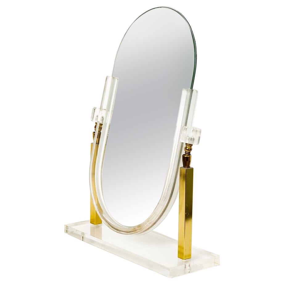 Vintage Charles Hollis Jones Style Brass and Lucite Tabletop Mirror For Sale