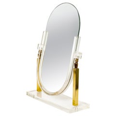 Retro Charles Hollis Jones Style Brass and Lucite Tabletop Mirror