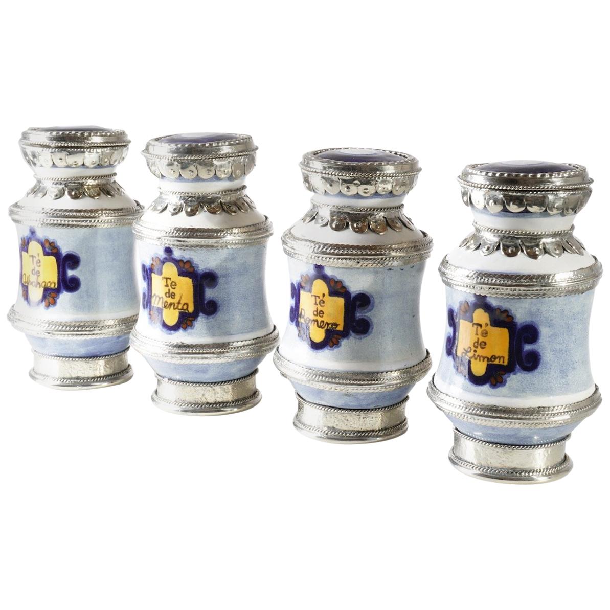 Ceramic and White Metal 'Alpaca' Set of  4 Pharmacy Jars