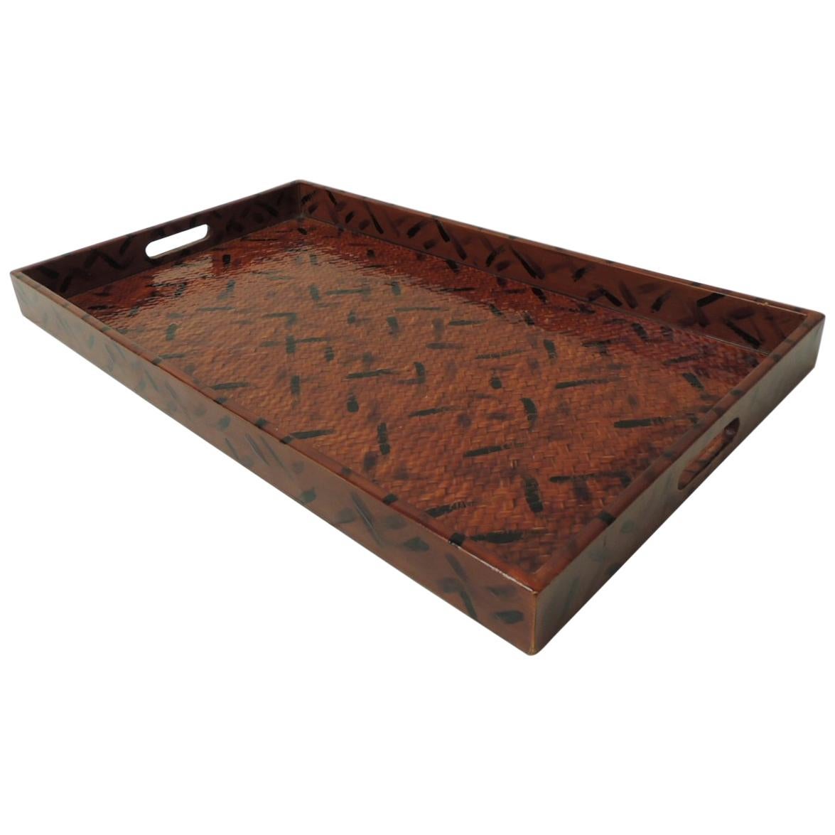 Faux Tortoise Finish Lacquered Rattan Serving Tray with Open Handles