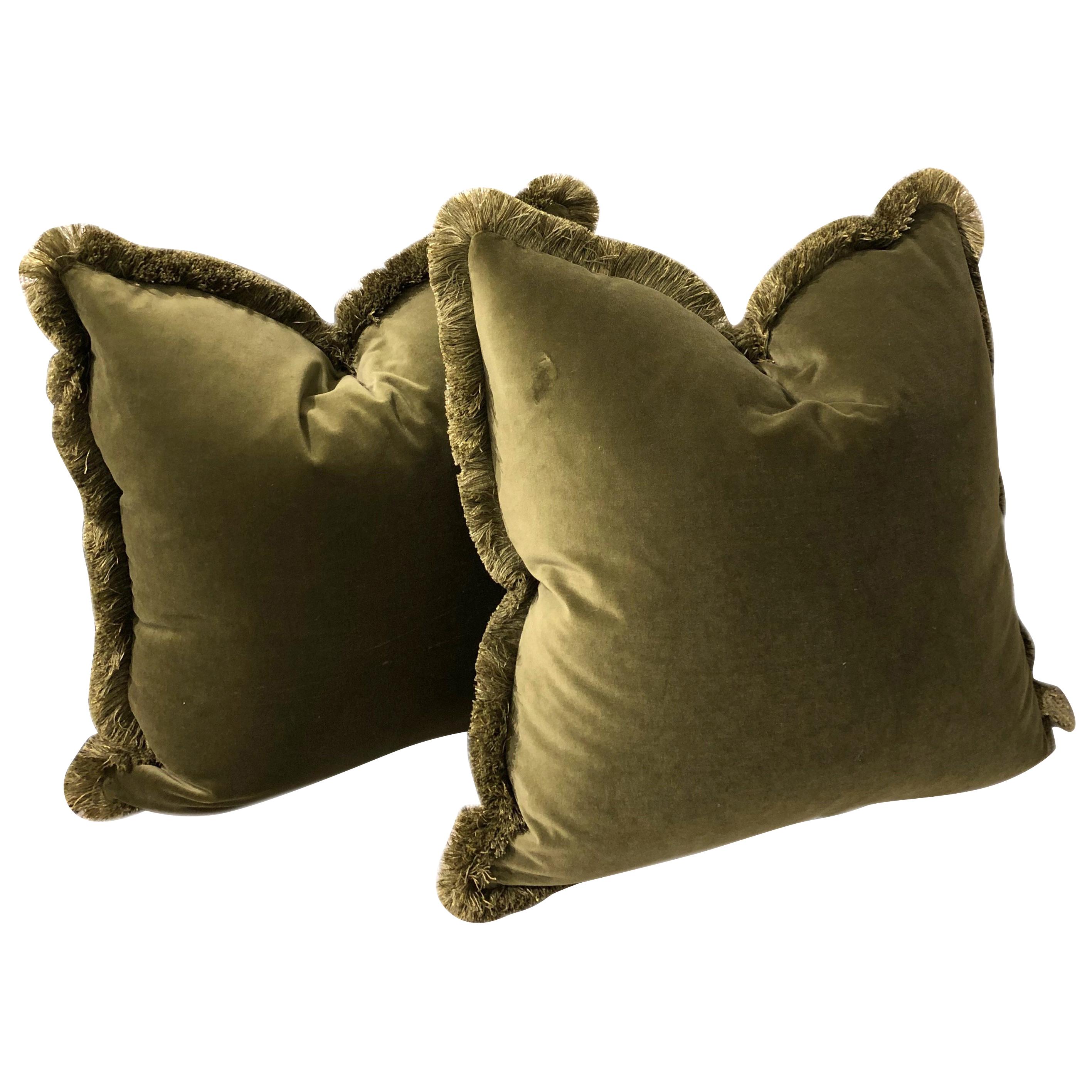 Pair of Custom Green Velvet Fringe Pillows