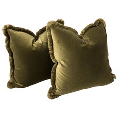 Pair of Custom Green Velvet Fringe Pillows