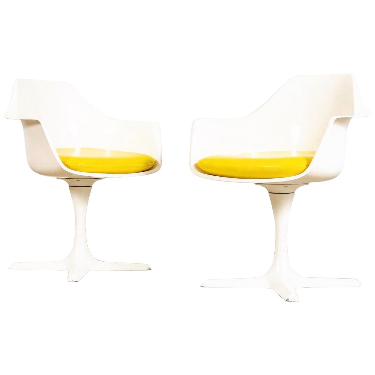 Pair of Mid Century Burke Tulip Yellow and White Arm Chairs, 1960s For Sale