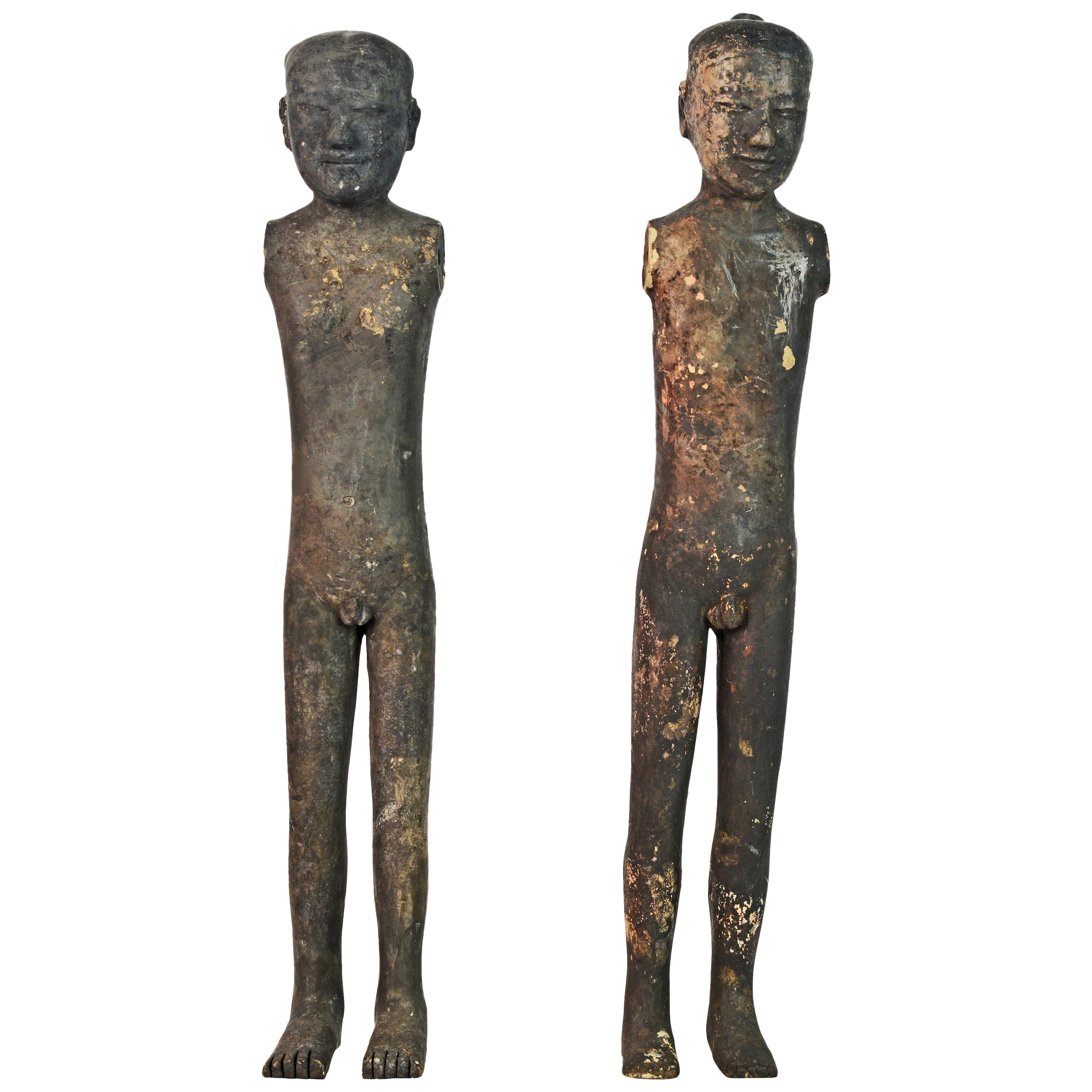 Two Rare Chinese Nude Male Ceramic Stick Figures in the Style of Han Dynasty
