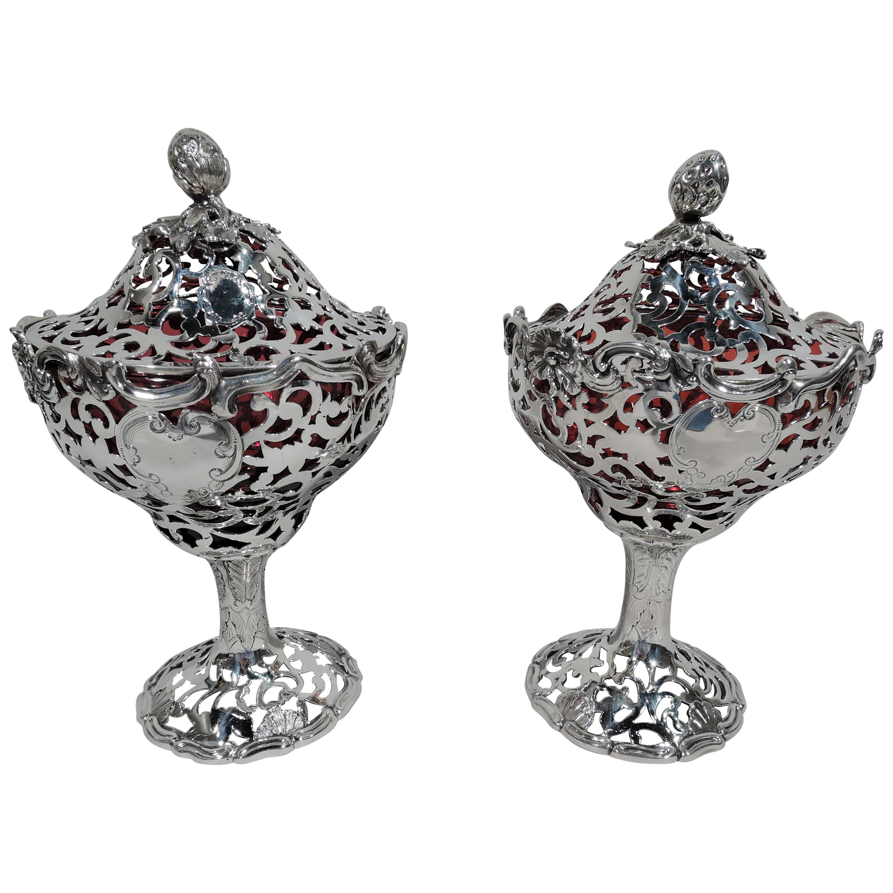 Pair of English Sterling Silver and Red Glass Strawberry Jam Compotes