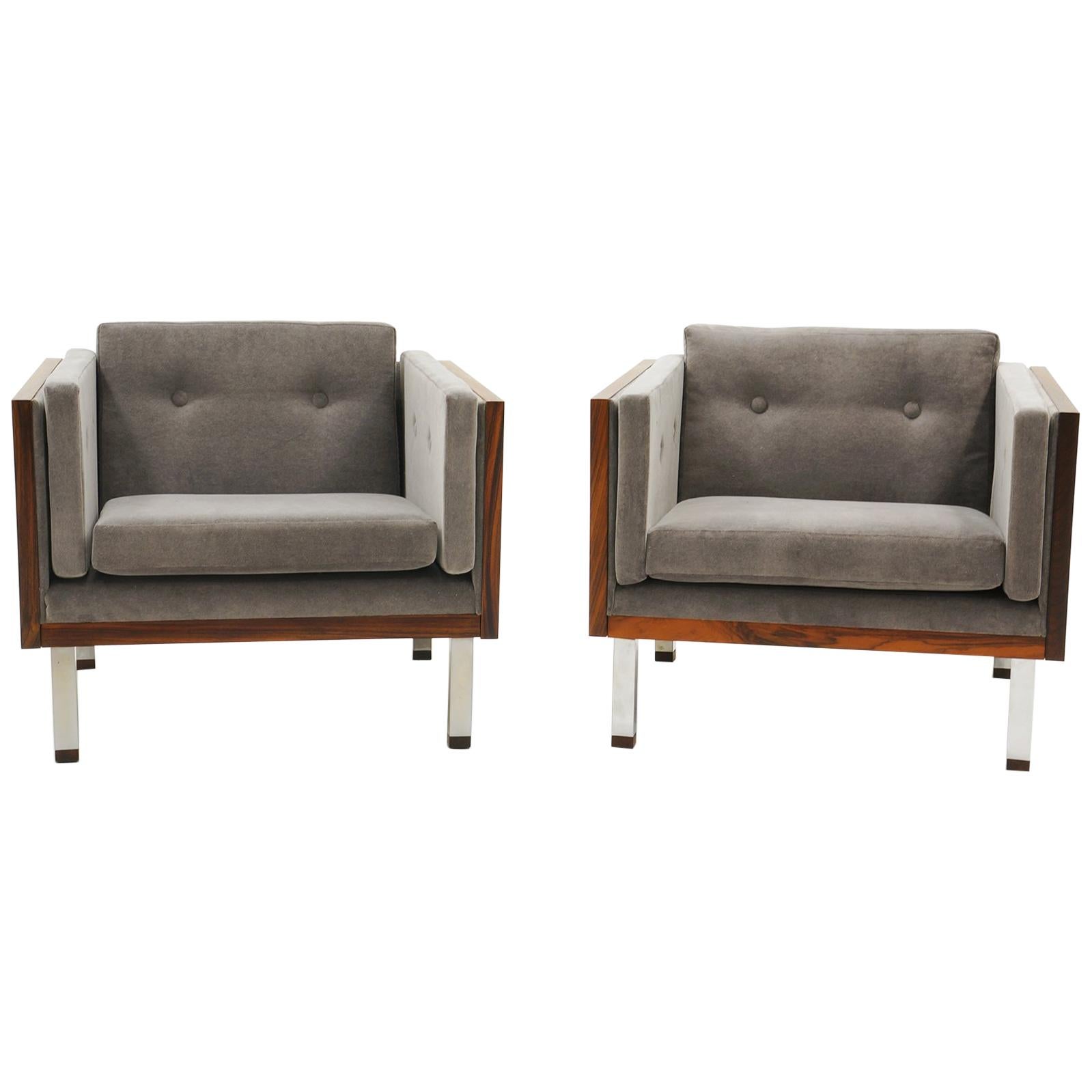 Pair of Lounge Chairs in Rosewood and Gray Velvet by Jydsk Møbelværk