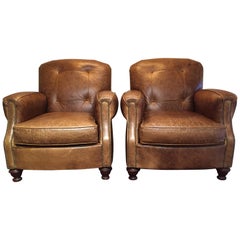 Pair of Manly Distressed Leather Club Chairs by Century