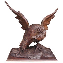 Antique American Walnut Carved Spread Wing Eagle Perched to Flee on Rocky Plinth C. 1830