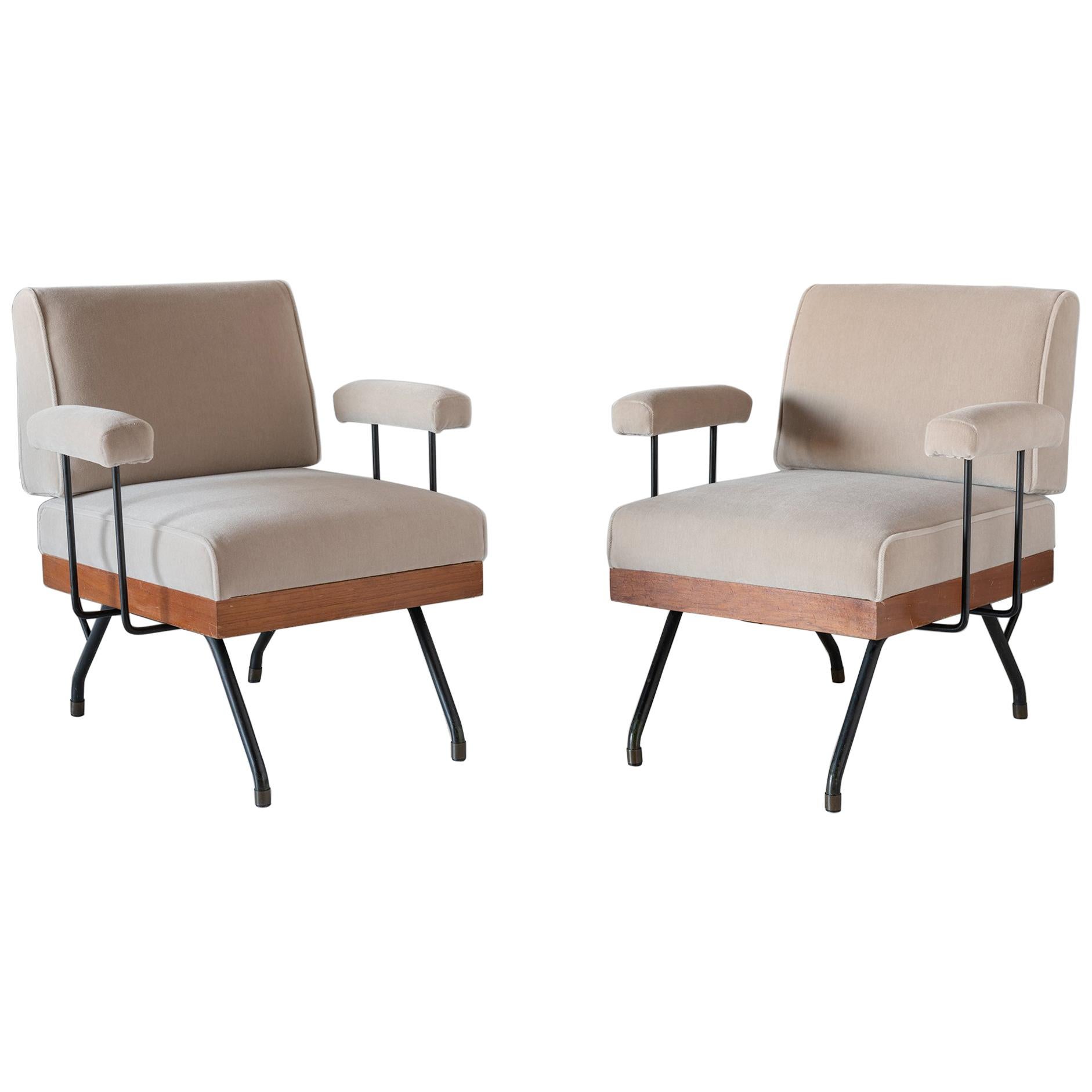 Pair of Mohair, Metal, and Wood Modern Armchairs, Italy, circa 1960  
